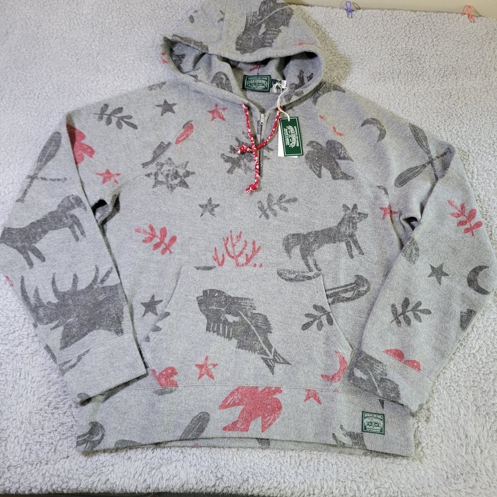 Ralph Lauren Polo Country Hoodie Mens L Gray Graphic Nature Tribal Brush Fleece